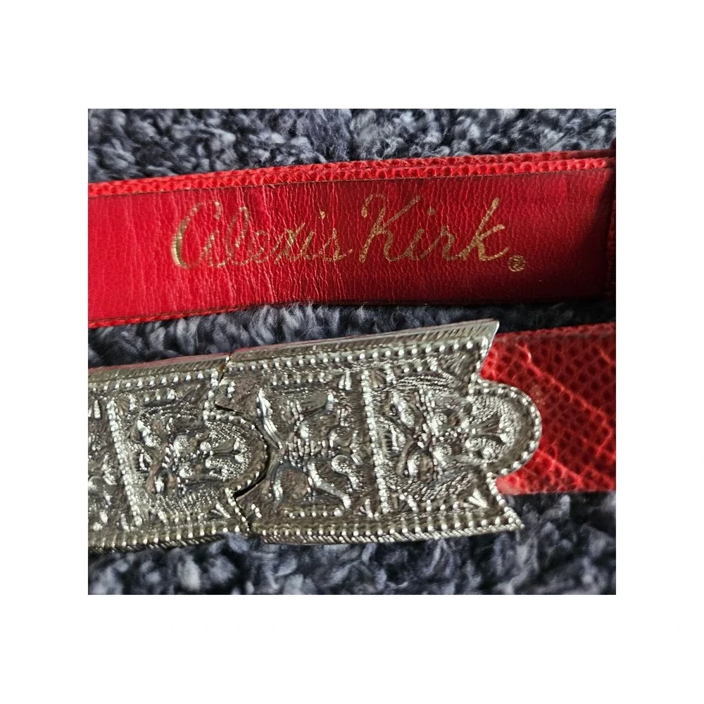 Alexis Kirk Statement Belt Red Snake Embossed Leather Silver Ornate Buckle VTG
